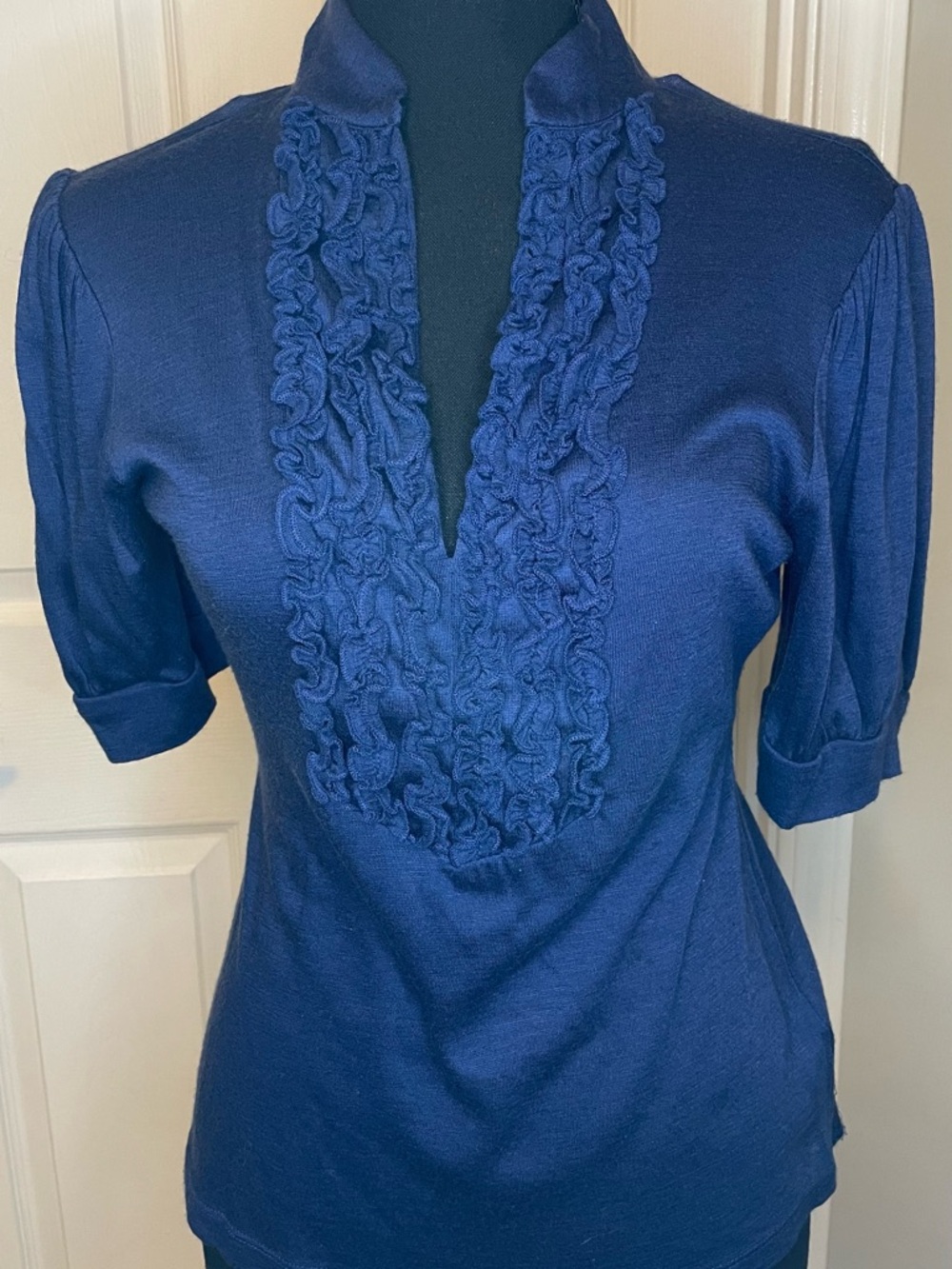 The Limited Navy Ruffle V-Neck Blouse